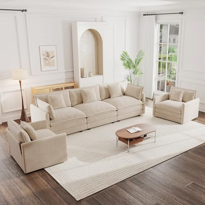 Luxury 3 Piece Sofa Set, 2 Pieces of Single Sofa and 1 Piece of 3 Seater Sofa, Modern Chenille Comfy Cloud Couches Set with 7 Pillows for Living Room Office, Light Coffee - color: Light Coffee, size: 3+1+1