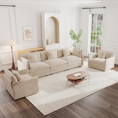 Luxury 3 Piece Sofa Set, 2 Pieces of Single Sofa and 1 Piece of 3 Seater Sofa, Modern Chenille Comfy Cloud Couches Set with 7 Pillows for Living Room Office, Light Coffee - color: Light Coffee, size: 3+1+1