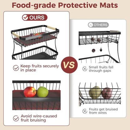 2-Tier Fruit Basket with Banana Hangers, Detachable Metal Bowl | Wooden handle, protective mats included. Versatile holder for bread, snacks, and veggies. Large 2 tier metal design. - color: Black, size: 2 Tier