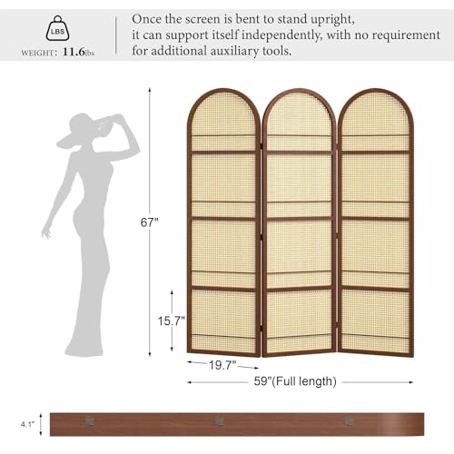Rattan Room Divider with Bookshelf,Privacy Screen for Home Office & Bedroom,Portable Partition, Wooden Frame - color: Walnut-rattan
