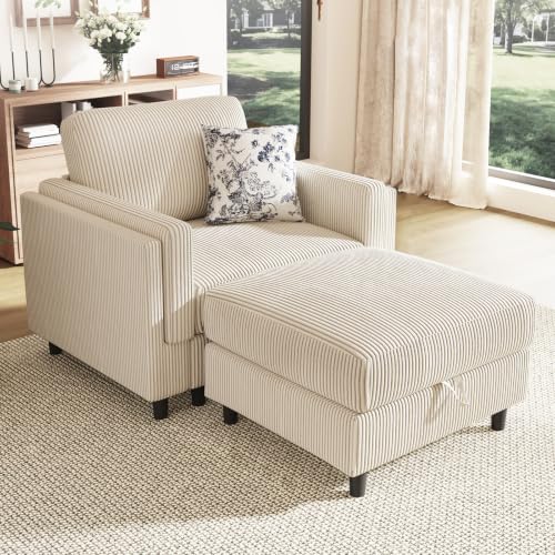 KKL Chaise Lounge with Storage Ottoman, Upholstered Comfy Living Room Chair | Reading Chair with Deep Seat, Single Sofa for Apartments Dorms Offices - color: Beige, size: One Seat+Ottoman