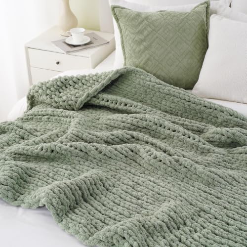 Sage Green Chunky Knit Throw Blanket, Knit Throw Blanket for Couch 50"x60" | Handmade Cable Knit Crochet Blanket, Cozy Knot Green Knitted Throw Blankets, Light Green Chenille Blanket for Bed Sofa Home - color: Light Green