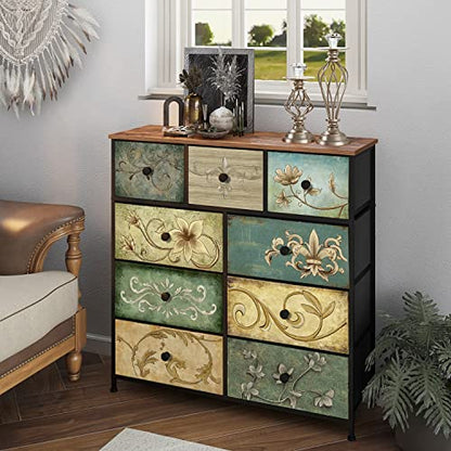 Dresser with Drawers for Bedroom Chest of Drawers Fabric Dresser for Closet,Nursery Entryway Hall Tree TV Stand for Living Room Retro Floral Pattern Drawers Wooden Top (9 Drawers) - size: 11.8"D x 39"W x 39.4"H (9 Drawers)