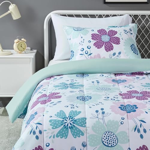 Amazon Basics 2-Piece Soft, All-Season Microfiber Kids' Comforter and Pillow Sham Set, Twin, Purple Flowers, Bluish Pink - color: Bluish Pink, size: Twin