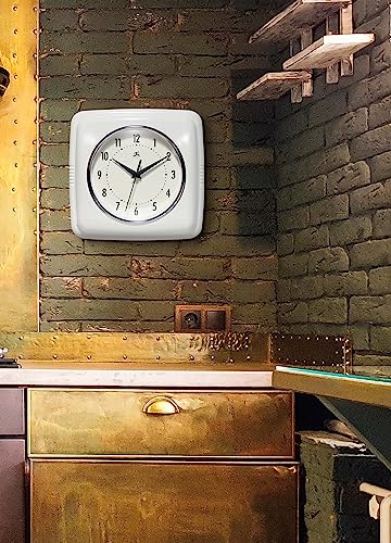 Infinity Instruments Retro – 9-Inch Square Silent Non-Ticking Mid-Century Modern Wall Clock – Vintage Decorative Timepiece for Kitchen, Office, or Diner – White - color: White