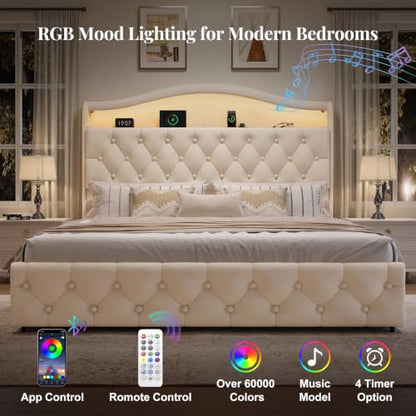 Queen Size Bed Frame and Headboard & 4 Storage Drawers | Upholstered Platform Bed Frame with RGB LED Lights & Charging Station, No Box Spring Needed, Easy Assembly, Noise-Free, Beige