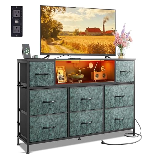 WLIVE Dresser TV Stand for 55 Inch TV, 8 Drawer LED Dresser, Vintage Green | Fits TVs up to 55 inch, 8 fabric drawers, Built-in power outlet, Chest of drawers, Living room or bedroom - color: Turquoise