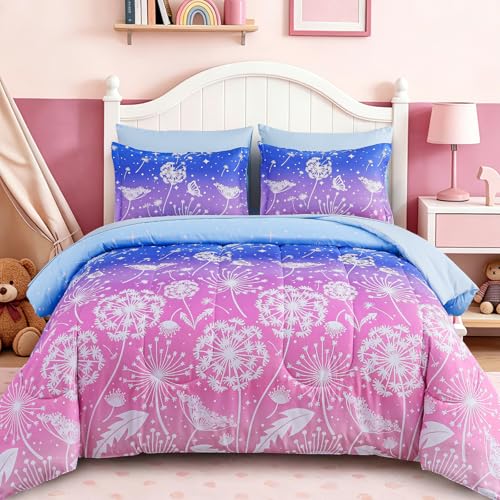 Dinjoy Girls Comforter Set 7 Pieces, Full Size Colorful Ombre Rainbow Bedding Set, Bed in A Bag for Kid Teen Girls (1 Comforter, 1 Flat Sheet, 1 Fitted Sheet, 2 Pillow Shams, 2 Pillowcases) - color: Ombre Pink Blue, size: Full