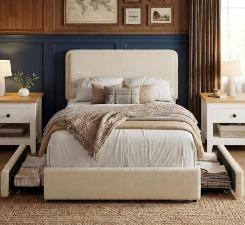 GarveeHome Bed Frame with 2 Storage Drawer, Cream Beige, Twin | Teddy Fleece Thick Upholstered Platform Bed Frame with Adjustable Headboard, No Box Spring Needed - size: Twin