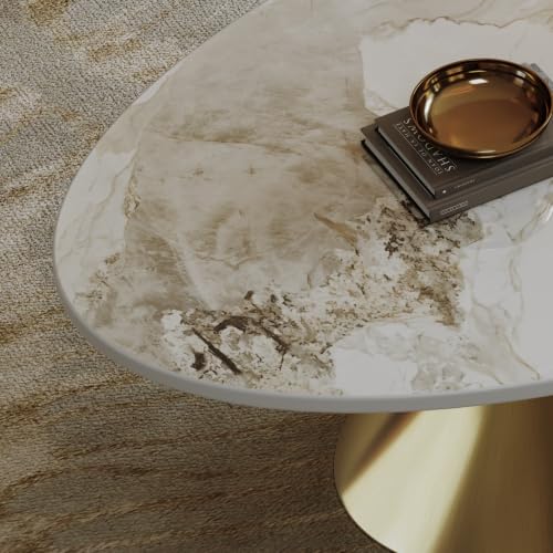 49.2" Oval Marble Coffee Table with Gold Stainless Steel Base, Luxury Sintered Stone Top Center Cocktail Tea Tables for Living Room,Easy Assembly - color: Style 4: Gold Base
