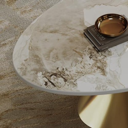 49.2" Oval Marble Coffee Table with Gold Stainless Steel Base, Luxury Sintered Stone Top Center Cocktail Tea Tables for Living Room,Easy Assembly - color: Style 4: Gold Base