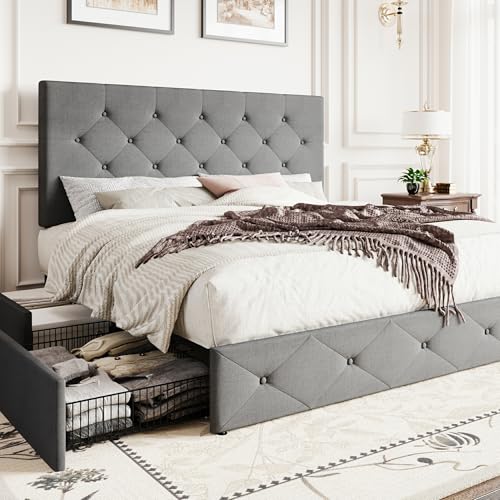 SHA CERLIN Upholstered Full Size Platform Bed Frame | 4 Storage Drawers, Adjustable Headboard, Diamond Stitched Button Tufted, Wooden Slats, No Box Spring Needed, Light Grey - color: Light Grey, size: Full, style: Modern