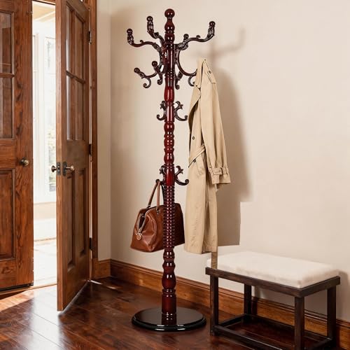 Wooden Coat Rack Freestanding with 18 Hooks, Adjustable Height Coat Tree Free Standing Heavy Duty for Entryway, Easy Assembly Solid Wood Sturdy Coat Hats Hanger Stand for Office Hallway Bedroom - color: Redwood-Resin Hook