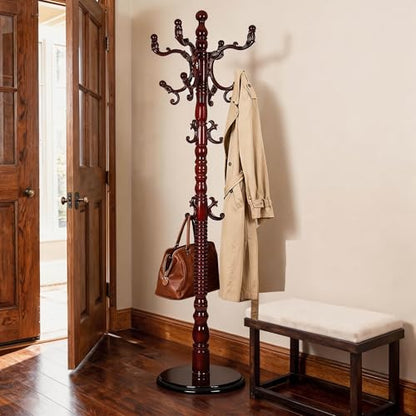 Wooden Coat Rack Freestanding with 18 Hooks, Adjustable Height Coat Tree Free Standing Heavy Duty for Entryway, Easy Assembly Solid Wood Sturdy Coat Hats Hanger Stand for Office Hallway Bedroom - color: Redwood-Resin Hook