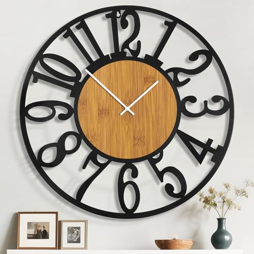 32" Extra Large Wall Clock, Silent Rustic Metal Wood Face Decorative Clock, Battery Operated Farmhouse Modern Oversized Wall Clocks for Living Room, Bedroom, Kitchen, Office, Home Decor - color: Light Brown - Arabic Numbers, size: 32inch (80cm)
