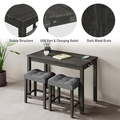allamazing 3-Piece Counter Height Bar Table Set with Socket and 2 Fabric Padded Bar Stools, Tall Kitchen Breakfast Dining Table Set with Stools (1+2 Black) - color: 1+2 Black