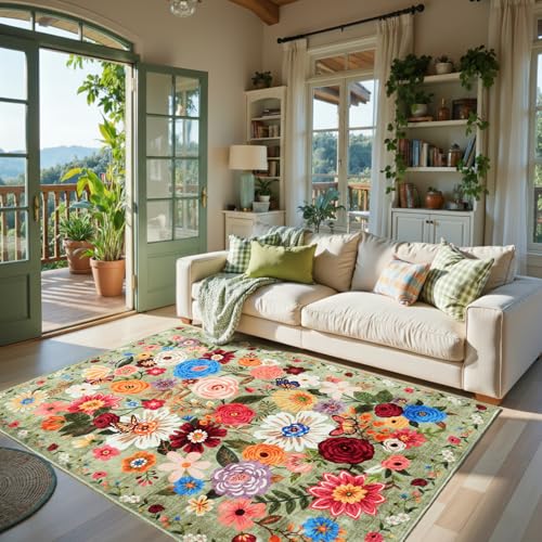 Floral Area Rugs 5x7 for Bedroom Livingroom Green Non-Slip | Ultra-Thin Soft,Washable Stain Resistant Boho Low-Pile Rug for Dining Room Office - color: Green, size: 5' x 7' (Rectangular)