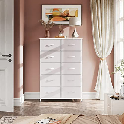 WLIVE Tall Dresser for Bedroom with 10 Fabric Drawers, White | 10 Drawers, Fabric Dresser for Closet, Storage Tower with Cabinet, Metal Frame - color: White