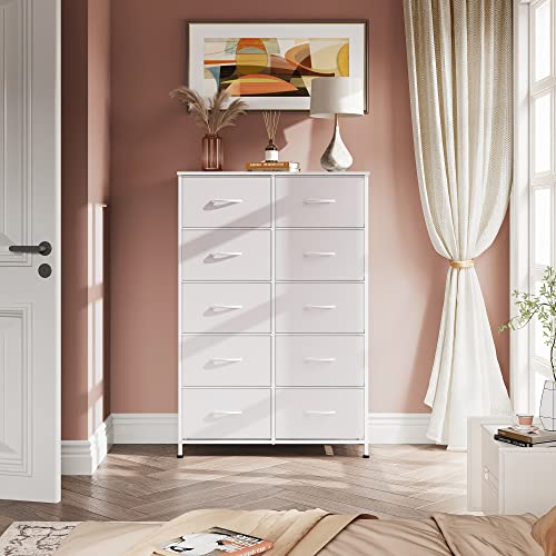 WLIVE Tall Dresser for Bedroom with 10 Fabric Drawers, White | 10 Drawers, Fabric Dresser for Closet, Storage Tower with Cabinet, Metal Frame - color: White