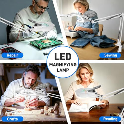 KIRKAS LED Magnifying Lamp with Clamp, 2,200 Lumens Dimmable 28in 12X | Magnifying Glass with Light for Repair Reading Craft Needlework Workbench Magnifier Dust Cover Adjust Swivel Arm - color: White 28in