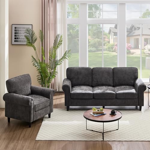 3 Seater Couch with Chair, Mid Century Modern Sofa Set with Rolled Arms and Deep Seats, Fluffy Comfort for Living Room, Apartment, Easy Assembly, Grey - color: Grey, size: Chenille Standard + Chair