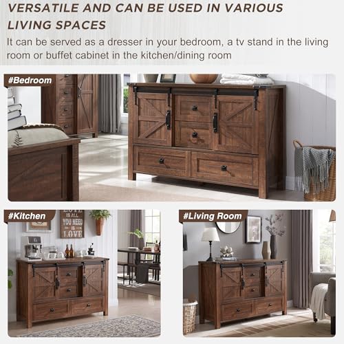 T4TREAM 48" Wide Farmhouse Sideboard Buffet Cabinet, Reclaimed Barnwood | 31.2" Tall Kitchen Cabinet with Storage, 2 Sliding Barn Doors, 4 Drawers, Rustic Wood, Coffee Bar Table, Dining Room - color: Reclaimed Barnwood Color
