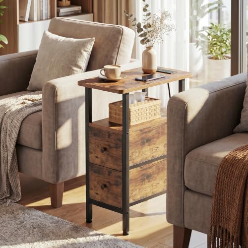 Narrow End Table with Charging Station, Small Nightstand | Skinny Side Tables Living Room with 2 Fabric Drawers, Slim Bedside Table for Bedroom, Small Spaces, Couch, Rustic Brown - color: Rustic Brown, size: 23.22''H (2 Drawers), style: Power