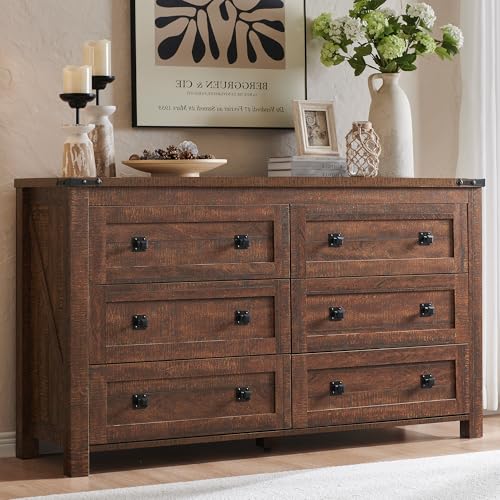 T4TREAM 54" Wide Farmhouse 6-Drawer Dresser for Bedroom, Reclaimed Barnwood | Rustic, Wood Storage Cabinet, Metal Handle, Unique Corner Accent, Bedroom, Living Room, Hallway - color: Reclaimed Barnwood, size: 15.8"D x 54"W x 31.3"H (6 Drawers)