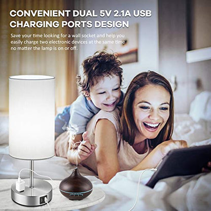 Set of 2 Touch Control Table Lamps with 2 USB Charging Ports&AC Outlet, 3-Way Dimmable Bedside Nightstand Lamps with White Fabric Lampshade for Reading, Bedroom, Living Room, A19 LED Bulbs Included - color: White