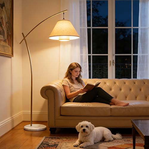 Lightdot Arc Floor Lamp for Living Room, Modern Standing Tall Lamps with Double Linen Lampshade, Tall Hanging Pole Lamp with Bulb Included for Bedroom Sofa Beside/Corner Decor - Gold - color: Linea-Gold