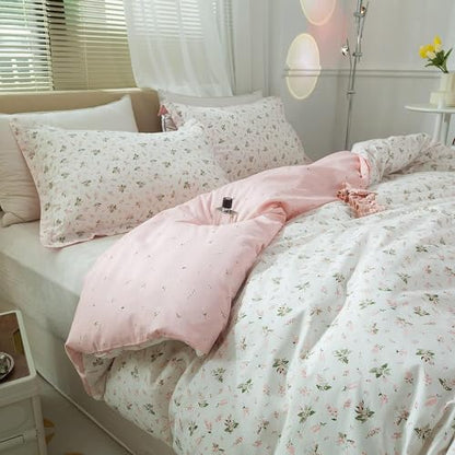 mixinni Cotton Floral Duvet Cover Twin Girl Pink Flower Teenage Girls Duvet Cover Set with Zipper Ties, Easy Care, Ultra Soft and Breathable-Twin Size - color: 00 # Pink Flower, size: Twin(68" x 86")