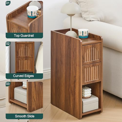Narrow Nightstand Set of 2, Wooden Small 2 Drawer Nightstand, Slim Side End Table, Skinny Bedside Table, Mid Century Modern Night Stand with Drawers for Bedroom (Deep Walnut-2 pcs) - color: Deep Walnut-2 Pcs