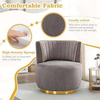 SLEERWAY 360° Swivel Barrel Chair Set of 2, Modern Velvet Round Accent Chair, Comfy Upholstered Small Armchair with Gold Metal Base for Living Room Bedroom Nursery Office Sillas para Sala, Gray - color: Grey, size: 25.2" W