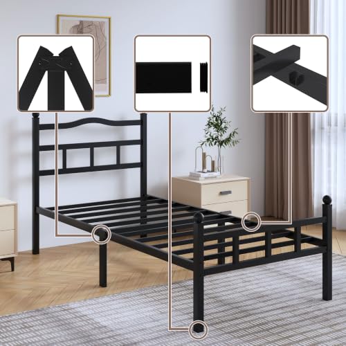 SHOANED 14 Inch Metal Bed Frame - Twin Size Heavy Duty Bedframe with Headboard & Footboard Black Basic Steel Slats Platform No Box Spring Needed/Easy Assembly/Noise Free - size: Twin, style: 14 Inch with Footboard