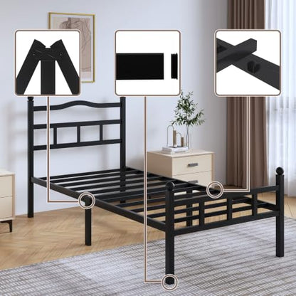 SHOANED 14 Inch Metal Bed Frame - Twin Size Heavy Duty Bedframe with Headboard & Footboard Black Basic Steel Slats Platform No Box Spring Needed/Easy Assembly/Noise Free - size: Twin, style: 14 Inch with Footboard