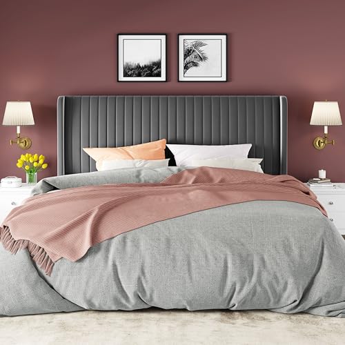 Allewie King Size Velvet Bed Frame/Vertical Channel Tufted Wingback Headboard/Upholstered Platform Bed/No Box Spring Needed/Strong Wooden Slats/Easy Assembly/Grey - color: Grey, size: King
