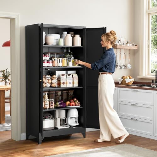 Metal Storage Cabinet with 2 Doors and 4 Adjustable Shelves,- 72" Black Kitchen Pantry Storage Cabinet for Kitchen,Living Room,Dining Room - color: Black, size: 72"H