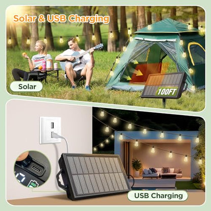 100FT Solar String Lights Outdoor Waterproof with Remote & Timer, LED Shatterproof ST38 Bulbs, USB & Solar Powered Patio Lights for Backyard, Porch, Garden, Wedding Decor, Dusk to Dawn Lighting - size: 100FT