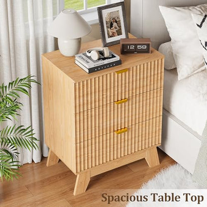 Fluted Nightstand with 3 Large Drawers, Wooden Side End Table with Elevated Legs for Easy Cleaning, Sturdy Modern Beside Table for Small Space, Bedroom, Oak, 24" L - color: Natural Oak