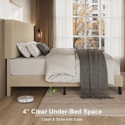 Einhomn Full Size Bed Frame with Headboard, Upholstered Linen Platform Bedframe with Solid Wooden Slats, Noise-Free, No Box Spring Needed, Easy Assembly, Beige - color: Beige, size: Full