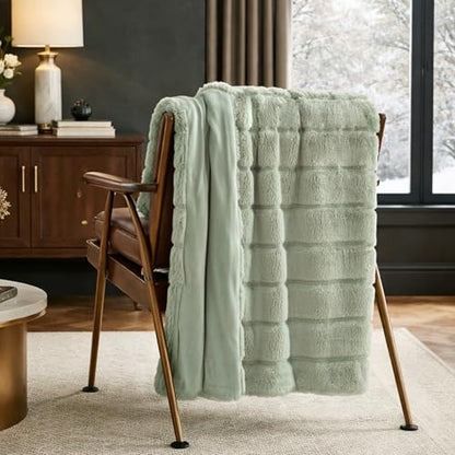 Cozy Bliss Deluxe Sheared Rabbit Faux Fur Throw Blanket, Soft Fuzzy High-Low Sculpted Plush Blanket for Couch, Cozy Home Accent, All Season Use, Green 50"x60" - color: Stripe - Green, size: Throw(50" x 60")