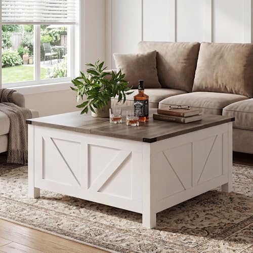 35” Farmhouse Coffee Table with Large Storage, Rustic Wood Lift Top Coffee Table for Living Room, Square Center Table with Charging Station&USB, Modern Port Pottery Barn Lift top Table - color: Grey