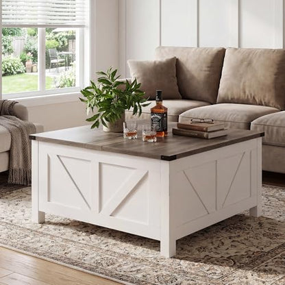 35” Farmhouse Coffee Table with Large Storage, Rustic Wood Lift Top Coffee Table for Living Room, Square Center Table with Charging Station&USB, Modern Port Pottery Barn Lift top Table - color: Grey