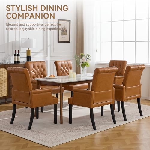Dining Chair with Arms, PU Leather High Back Dining Room Chairs, Brown | Set of 2, PU Leather Dining Chairs, Tufted Armchair with Solid Wood Leg, Nailhead Trim, Comfortable Parson Kitchen Chairs - color: Pu-brown, size: 2 PCS