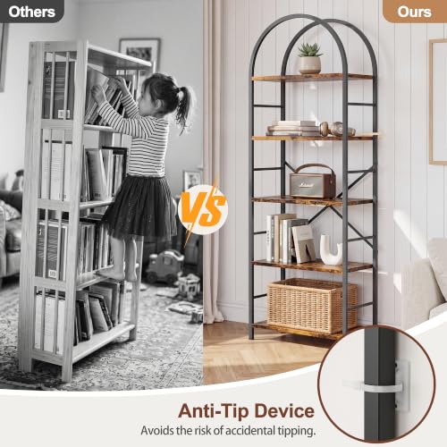 Arched Bookshelf 5 Tier Tall Bookcase, Industrial Metal Frame Book Shelf with X Reinforced Structure, Adjustable Feet Storage Display Shelf for Living Room Bedroom Office Rustic Brown