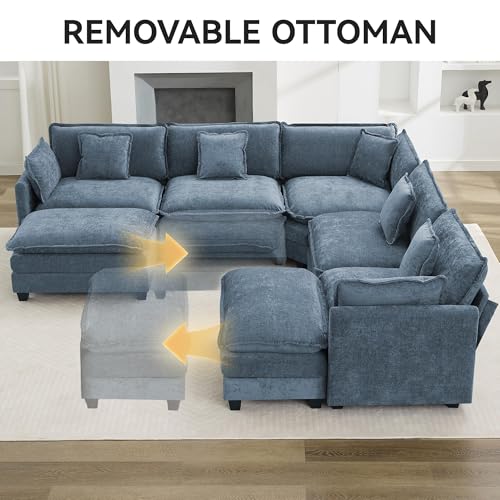 113'' V Shaped Cloud Sectional Sofa, Oversized Deep Seat Couches for Living Room, Chenille Comfy Upholstered Modular Sectional Sofa Couch with 2 Movable Ottoman, Blue - color: Blue, size: 113'' V Shaped+2 Ottoman