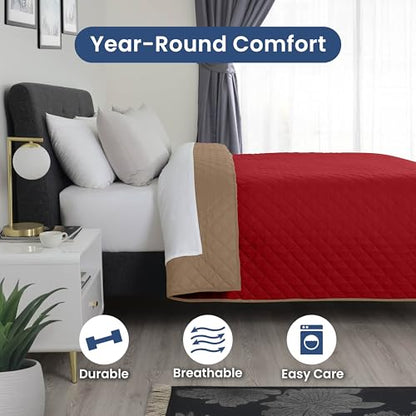 Martex Reversible Coverlet – Full Queen Size Quilt - Lightweight Full Size Bedding– Durable Queen Size Quilts for Bed – Soft - Easy Care Bedding – Khaki/Red - color: Khaki/Red, size: Full/Queen