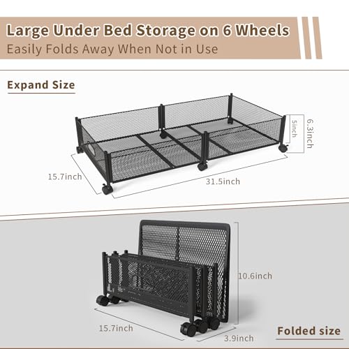 Under Bed Storage on Wheels, Upgraded 31.5 inch Large Rolling Under Bed Storage, Metal Foldable Underbed Drawers Organizer Tool-free Assembly Underbed Shoes Clothes Organize - size: 1 Pack (31.5×15.7")