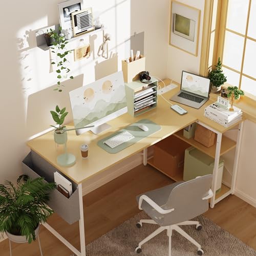 TIQLAB L-Shaped Computer Desk with Power Outlets - Reversible Shelves, 47 Inch Gaming & Study Desk in Beige - color: Beige, size: 47 Inch