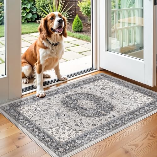 Washable 2x3 Entryway Area Rug: Vintage Soft Thin Door Mat with Non Slip Backing Water Resistant Carpet for Bedroom Low Pile Floor Mat for Kitchen Bathroom Laundry Easy Clean Rug for Family(2x3,Grey) - color: Grey, size: 2' x 3' (Rectangular)